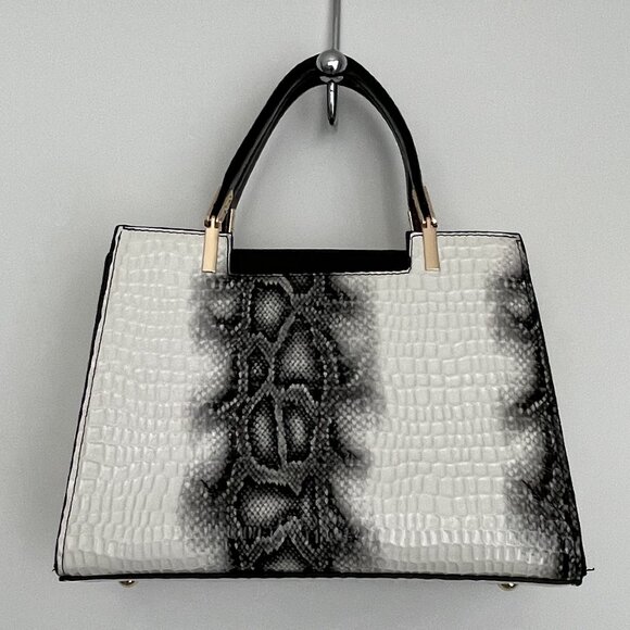 NWOT Snakeskin PU Leather Double Handle Satchel with Crossbody Strap Bla… - Picture 3 of 8